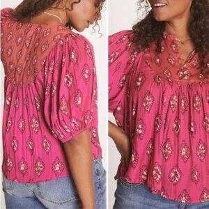 Anthropologie Drapey Henley Pullover Short Puff Sleeve Top XS Pink Print Blouse